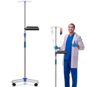 Nuanchu IV Pole with Wheels and Tray Adjustable Portable Medical IV Poles Stainless Steel for Hospital Clinic Home Pediatric Nursing Infusion Practice and Therapy(2 Hooks)