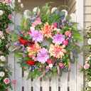 24 Inch Spring Wreath Artificial Wreaths for Front Door Summer Wreath with Dahlia Red Cardinals & Purple Berries, for Front Door Porch Window Farmhouse Year-Round Floral Decor Front Door Wreath