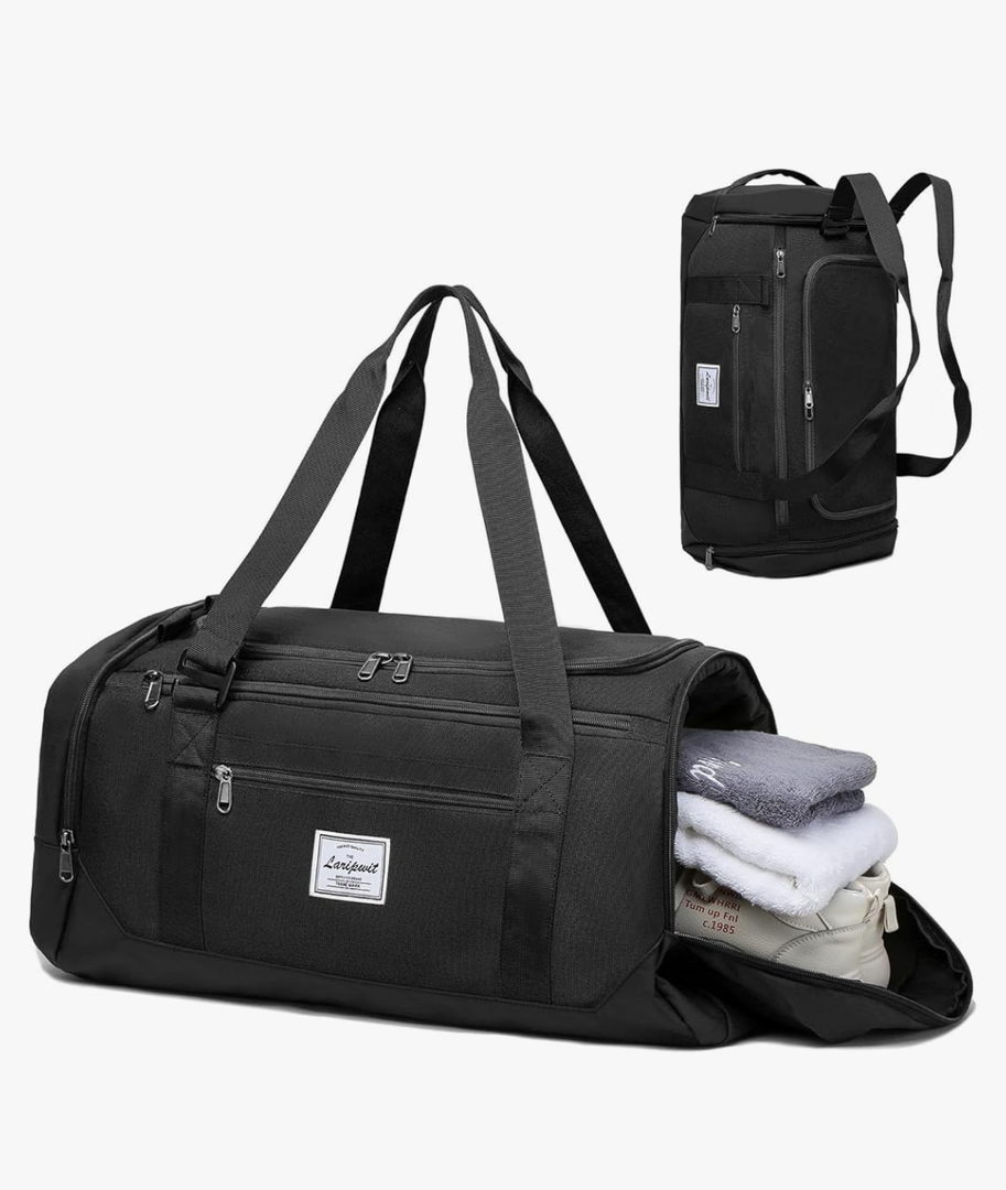 Laripwit Gym Bags for Men, 40L Medium Sports Travel Duffel Bag with Shoe Compartment & Wet Pocket Lightweight Gym Duffle Bag Backpack Multipurpose Weekender Overnight Backpack for Women, Black