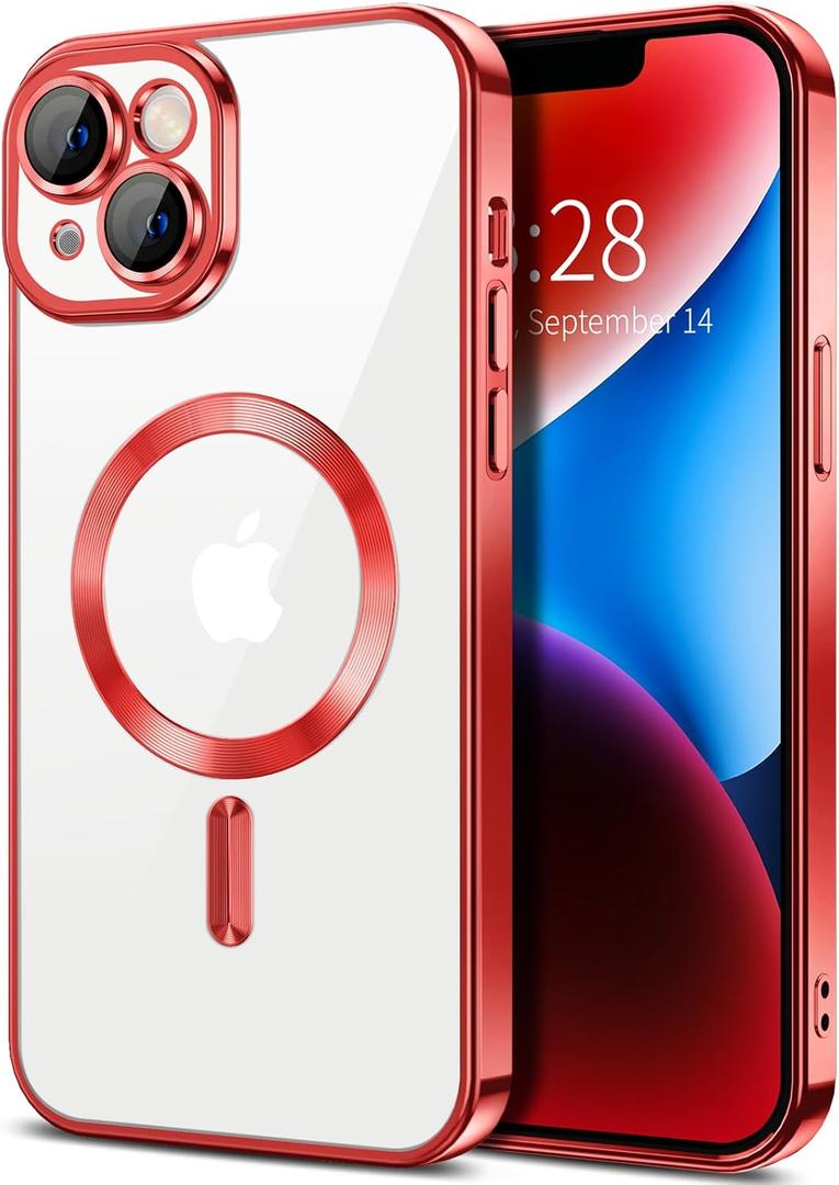 Hython Magnetic Clear for iPhone 14 Case with Camera Lens Protector [Compatible with MagSafe] Luxury Plating Edge Slim Soft TPU Cover Protective Phone Case for iPhone 14 6.1", Red