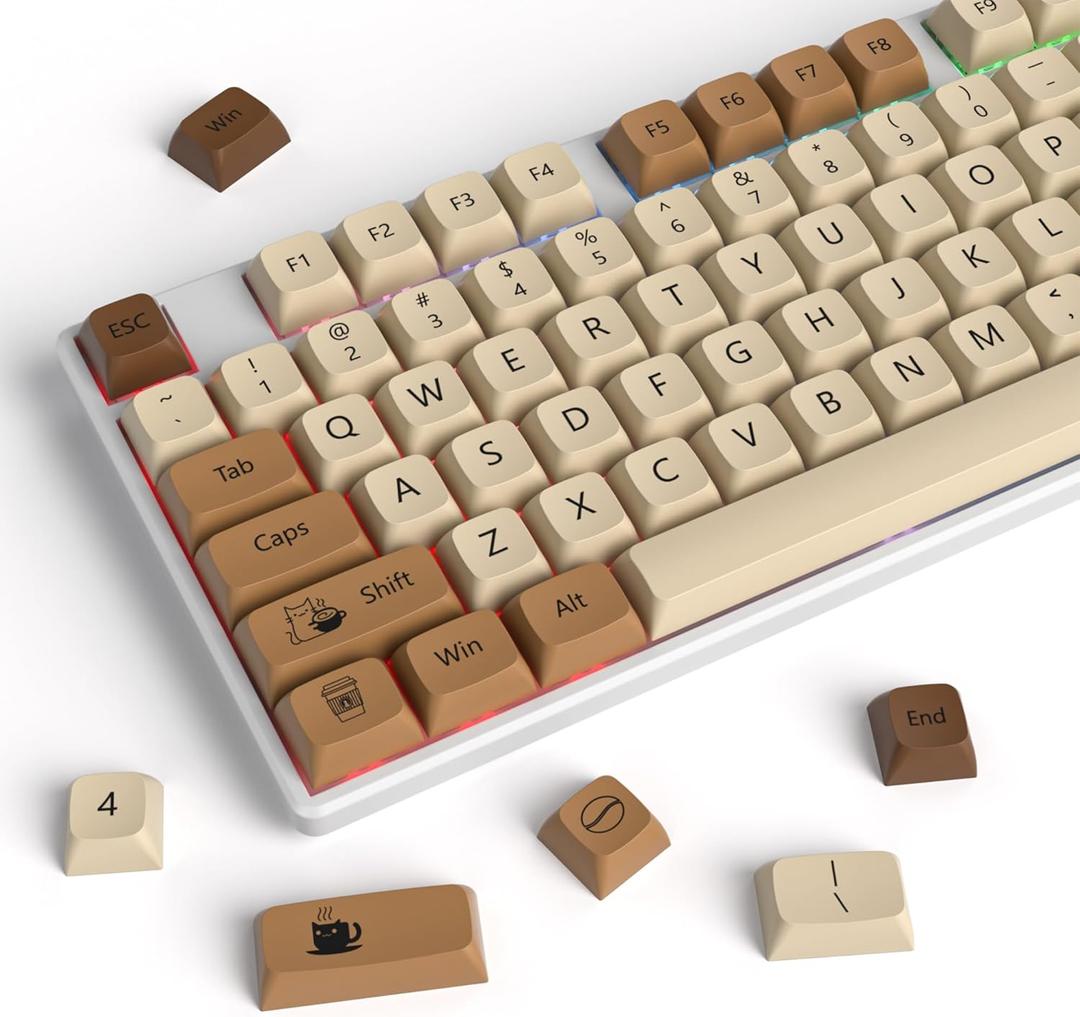 Owpkeenthy Retro XDA Keycaps, PBT 138 Keys Brown Keycap Set for Cherry MX Covers Fullsize 60% 65% 75% Keyboard XDA Coffee Cat