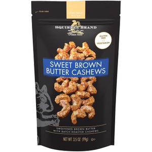Squirrel Brand Sweet Brown Butter Cashews, 3.5 oz Resealable Bag, Gourmet Flavored Cashews Nuts, Gluten Free, Vegetarian (EXP 12/17/26)