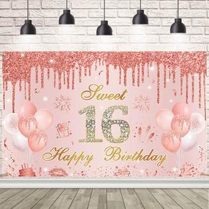 7x5ft Sweet 16 Happy Birthday Banner Rose Gold Sweet Sixteen Party Decorations Girls Sweet 16 Backdrop Glitter Balloon 16 Year Old Birthday Photography Background Photo Props Supplies