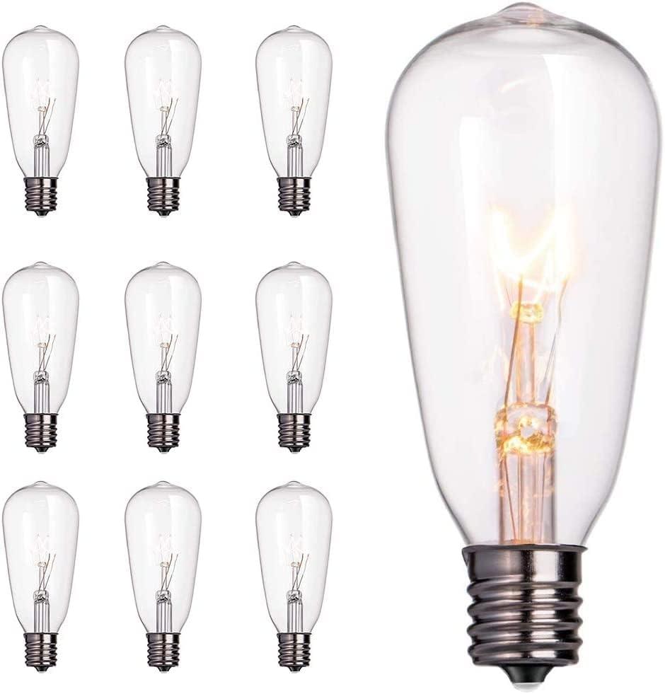 10 Pack Edison Replacement Light Bulbs,7-Watt E17 Screw Base ST40 Replacement Clear Glass Light Bulbs for Outdoor String Lights, Warm White