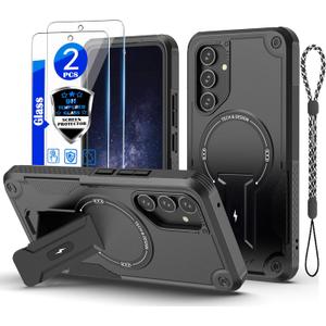 for Samsung Galaxy A35 5G case[Compatible with MagSafe][with 2 * 9H Tempered Glass Screen Protector], Built in Invisible Stand, Not FadingShockproof Protective Phone Cover 6.6-inch(Black)