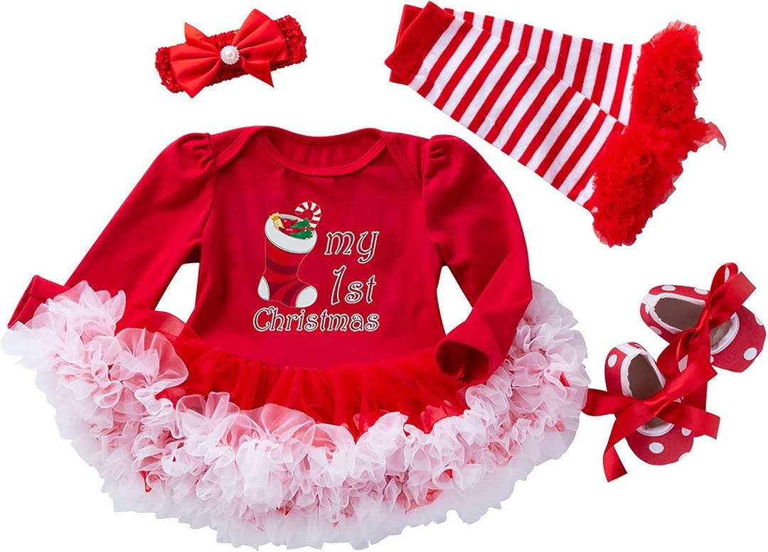 4Pcs Newborn Baby Girls Christmas Outfit Headband Romper Tutu Dress Leg Warmer Set for Baby Girl 0~24 Months (Red, XL)