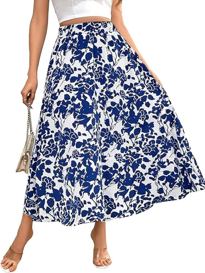 MSLG Women's Flowy Elastic High Waist Skirts Trendy Summer 2025 Boho Casual Beach Holiday Floral Print A Line Midi Skirt 802 (Blue White) Small