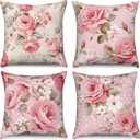 Rose Flowers Pillow Covers Pink Floral Green Leaves Set of 4 Flowering Shrub Natural Retro Cushion Covers 20x20 Watercolor Linen Square Pillowcases for Couch Sofa Bedroom Patio Farmhouse