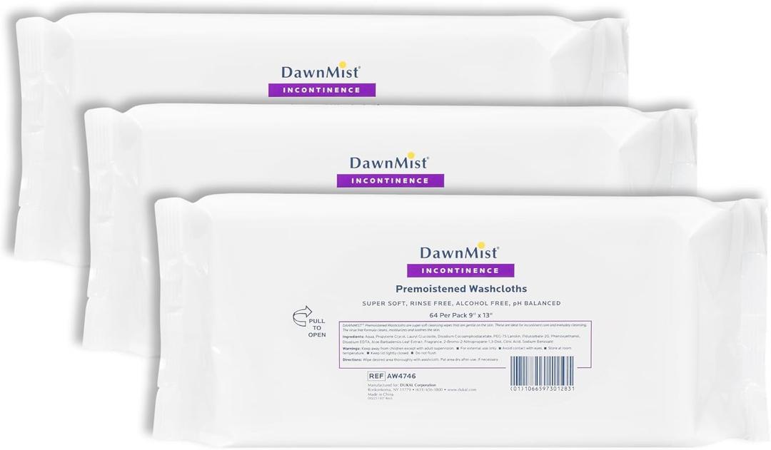 Dukal DawnMist Pre-Moistened Adult Washcloths, 9" x 13" – Soft, Disposable, Non-Sterile Wipes, 3 Pack (192 Total) – Hypoallergenic & Gentle for Personal Hygiene or Caregiving