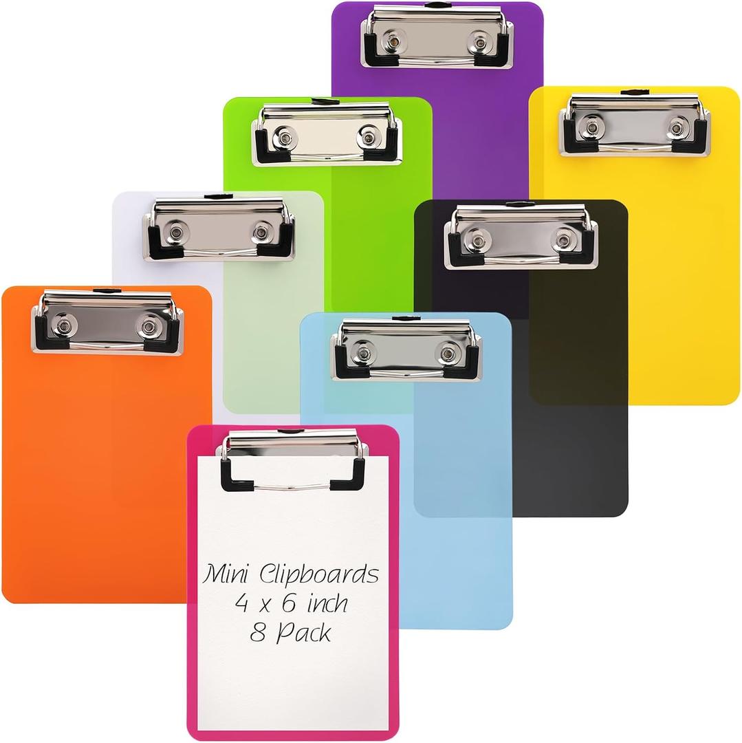 CEYAZYE 8 Pack Mini Clipboards 4x6in, Coloured Small Clip Board with Low Profile Clip, Plastic Clipboards Hangable Clip Boards, Writing Memo Document Form Holder for Office & Classroom Supplies