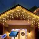 304 LED Solar Christmas Icicle Lights Outdoor Decorations, 8 Modes Waterproof Icicle Fairy Lights for Outside Holiday, Patio, Balcony, Christmas, Window, House Eaves Decorations, Warm White