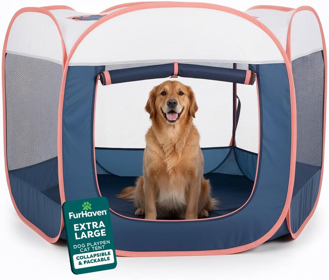 FurHaven Portable Pet Playpen for Dogs & Cats, Extra Large Indoor Kitten Playpen with Mesh Sides, Foldable Dog Playpen for Large Dogs, Pop Up Travel Dog Pen, X-Large, Pet Crate with Mesh Sides, Navy