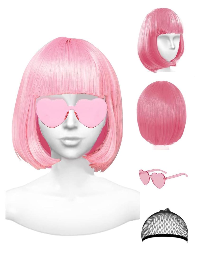Pink Wig and Party Sunglasses, Bob Wig with Bangs Light Pink Wigs for Women, Cosplay Party Wigs - Bachelorette Decorations Favors (Pink)