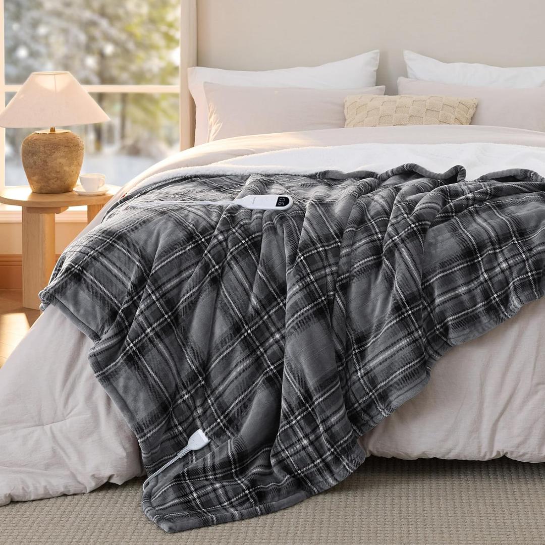 Bedsure Plaid Electric Blanket Twin - Flannel Sherpa Heated Blanket with Plaid Pattern, Heating with 6 Heating Levels, 10 Time Settings, 8-Hour Auto-Off, Warm Gifts for Grandma (Grey, 62"x84")