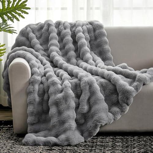 Cozy Bliss Faux Fur Throw Blanket for Couch, Fuzzy Soft Plush Thick Bubble Blanket for Sofa Bedroom Living Room,50 * 60 Inches Dark Grey