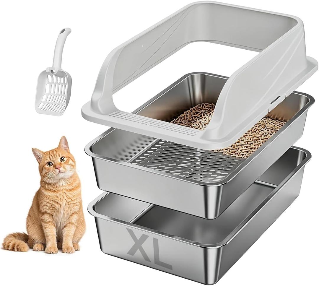 Stainless Steel Sifting Litter Box for Pine Pellets, XL Odor Free | Stainless Steel Litter Box with Lid,Large CapacityAnti-Leakage, Easy Cleaning, Less Tracking, for Multi-Cat & Big cats