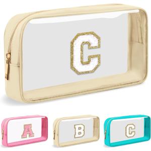 Personalized Initial Letter Clear Makeup Bag,Preppy Small Nylon&PVC Cosmetic Zipper Bag with Chenille Letter,Portable Beach Travel Skincare Toiletry Bag,Trendy Monogram Gift for Teen Girls Women,C