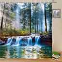 Waterfalls Shower Curtains Outdoor Natural Scenery Forest Sunshine Tree Plant Landscape Courtyard Bathroom Decor Polyester Fabric Curtain Set 70 x 70 Inch with Hooks (Green Grey White)