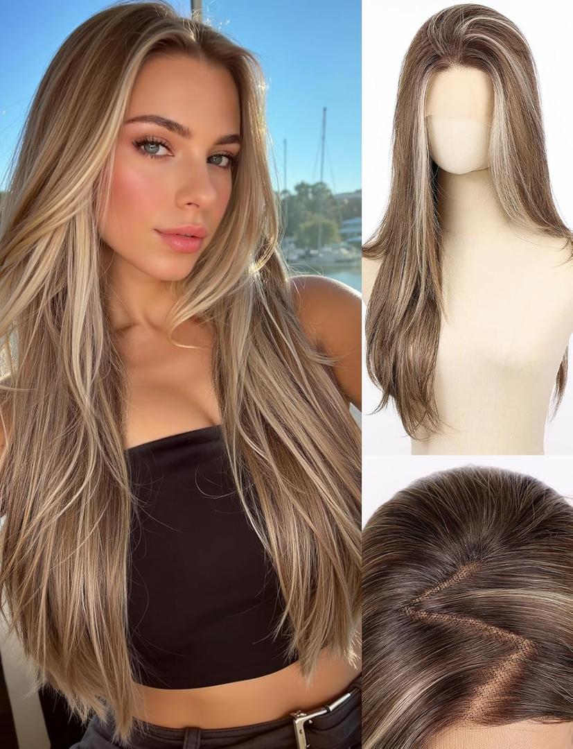 Straight 13x4 HD Lace Front Wig for Women, 26inch Heat Resistant Synthetic Hair Glueless Pre Plucked Straight Human Hair-Like Layered Wig with Realistic Scalp (Mixed Brown Color)