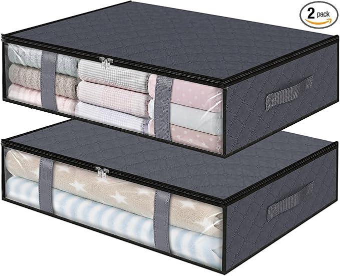 StorageRight Under Bed Storage Bins, 2-Pack 40L Foldable Fabric Storage Bags with Transparent Window, Breathable Organizer for Clothes/Blanket/Comforter/Quilt, Grey