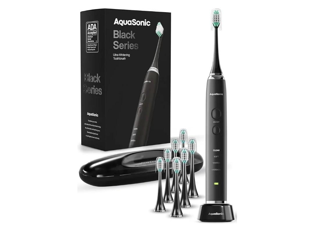 Aquasonic Black Series Ultra Whitening Toothbrush – ADA Accepted Electric Toothbrush- 8 Brush Heads & Travel Case – 40,000 VPM Electric Motor & Wireless Charging - 4 Modes w Smart Timer