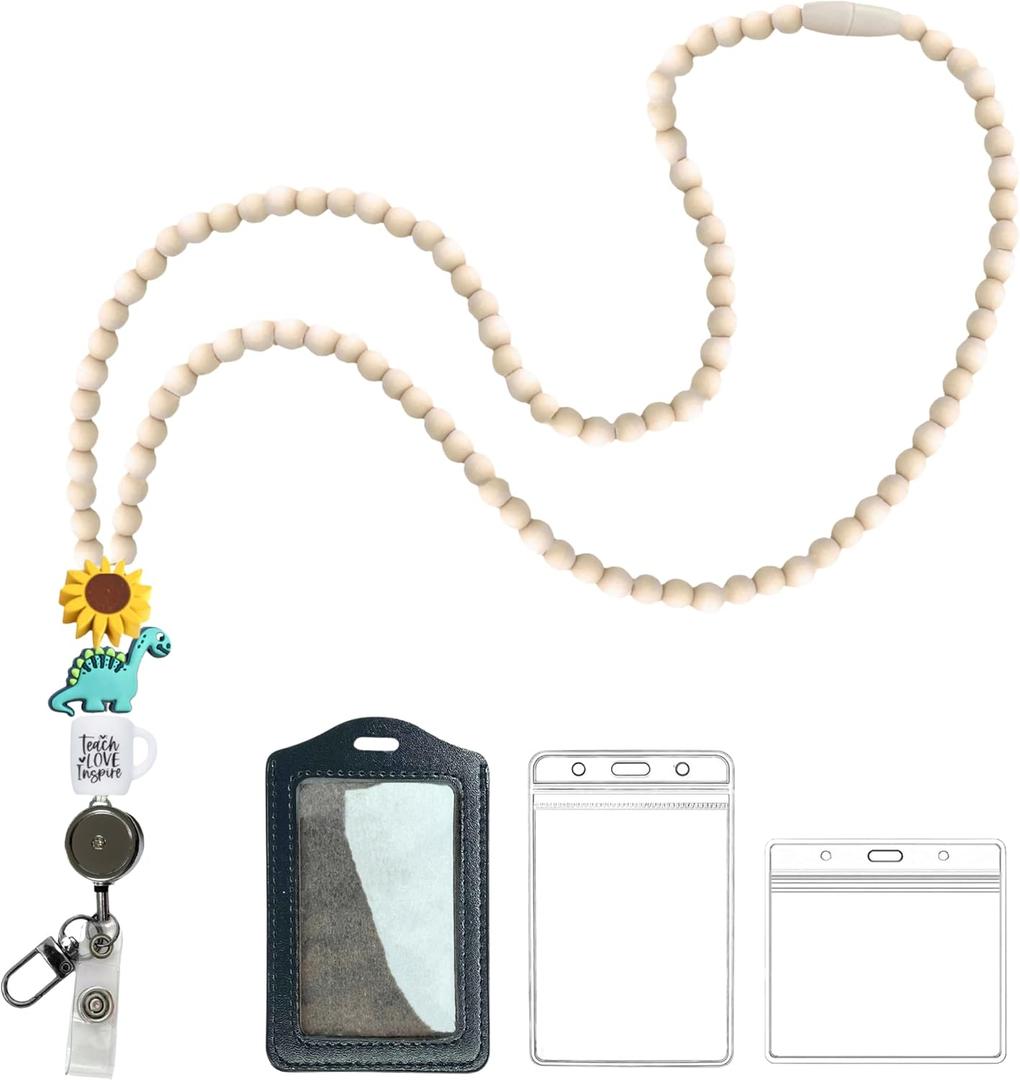 Cute Beaded Teacher Lanyard with PU ID Holder Retractable Breakaway Badge Lanyards for ID Badges for Teacher Women Cute Wood Necklace Lanyard