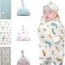 Newborn Swaddle and Hat Set 6 Pack 100% Cotton Knitted Baby Receiving Blankets 35" x 35" Soft Unisex Swaddle Wrap for Girls and Boys (Whale+Elk+Green Stripes)