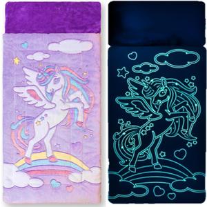 Unicorn Sleeping Bag for Kids, Glow-in-the-Dark Kids Sleeping Bags Make Fun Unicorn Gifts for Girls. Perfect for Sleepovers, Camping, Plush Nap Mat for Preschool, with Pillow Pocket, 8+ Hour Glow