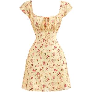 Women's Vintage Tie Front Floral Dress Cap Sleeve Summer Beach Short Dresses (Yellow) Medium