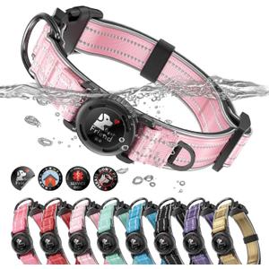 Upgrade Airtag Dog Collar,with IPX8 Waterproof AirTag Holder | Reflective Ultra-Durable | Soft Padded | Lock Buckle | Heavy Duty | Pink, L(17"23")