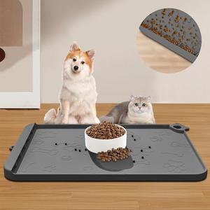 Silicone Dog Food Mat With Residue Collection Pocket - Waterproof Pet Feeding Mat for Cats and Dogs, Raised Edges, Hooks, Placemats for Water Bowl
