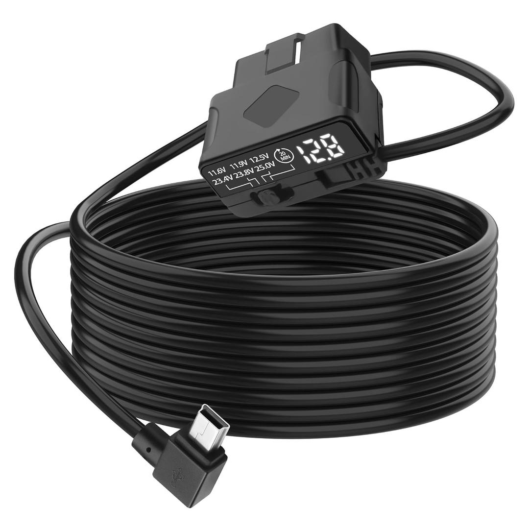 XMSJSIY OBD Power Cable for Dash Camera 90 Degree Right Angle Mini USB to OBD Parking Monitor Cable 12V-24V to 5V Dash Cam Hardwire Kit with Voltage Display and Low Voltage Protection - 3.5M/11.48FT