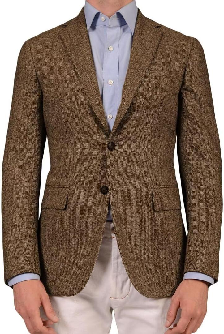Men's Tweed Blazer Casual Herringbone Premium Two-Button Slim-Fit Dress Suit Jacket Business Sport Coat (14Y Brown)