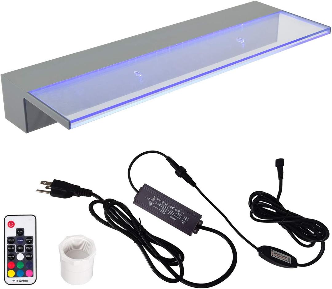 YUDA Lighted Waterfall Pool Fountain 24" with LED 7 Color Changing and Remote, Acrylic Waterfall Spillway for Sheer Descent Garden Outdoor