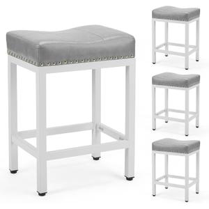 Sweetcrispy Bar Stools Set of 4, 24 Inch Counter Height Stools, PU Leather Upholstered Bar Chairs with Footrest, Modern Bar Stools for Kitchen Island, Dining, Living Room, Grey (White With Light Grey Cushion)