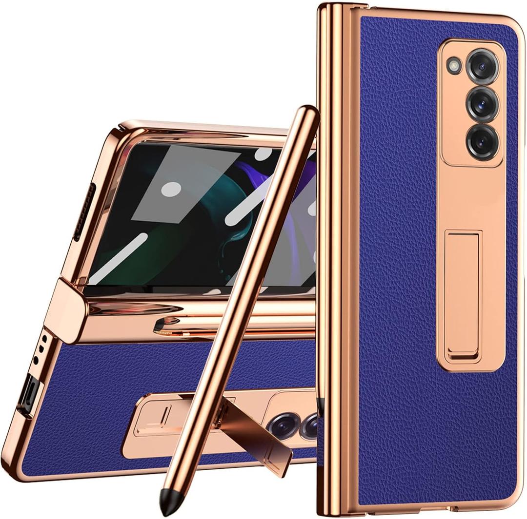 Miimall Compatible for Samsung Galaxy Z Fold 2 Case with S Pen, Stylus Pen with Pen Holder+Screen Cover+Alloy Kickstand+ Leather Pattern Plating All-Inclusive Hinge Protection Case for Fold 2 (Blue)