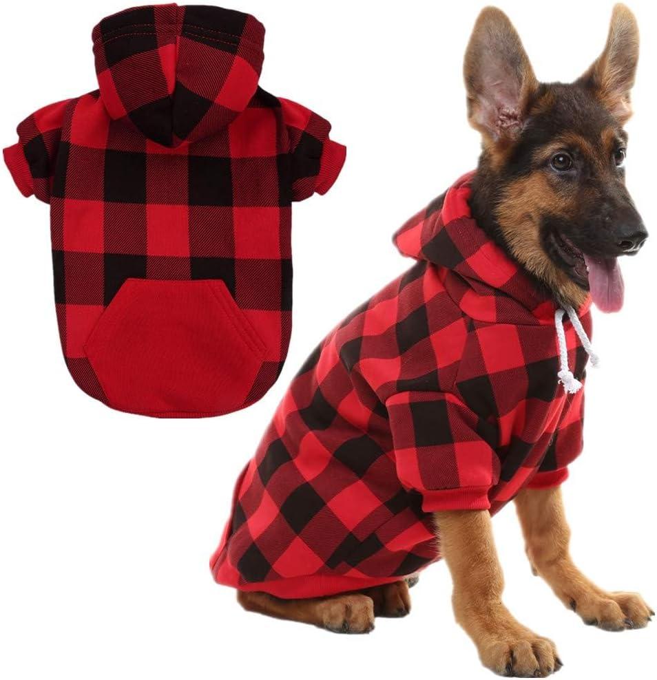 KOOLTAIL Plaid Dog Hoodie Pet Clothes Sweater with Hat and Pocket for Small Medium Large Size Dogs, Soft Winter Warm Dog Cold Weather Coat, Fleece Fall Dog Hooded Sweatshirt for Puppy Cats, Red L
