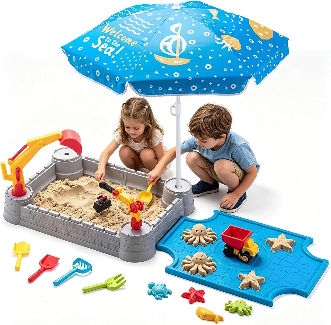 Excavator Sandbox for Kids with Lid and Umbrella, Working Digger, Dump Truck and 8 Sand Toys, Outdoor Construction Playset for Backyard and Beach, Ages 3+