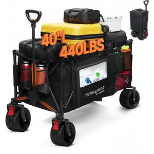 Foldable Beach Wagon Cart- Interchangeable All Terrain Wheels- 12" Beach Wheels Optional- Patent Pending- Gardening, Fishing, Shopping-Built-in Insulated Cooler Pouch, More Storage Pockets, Cupholders