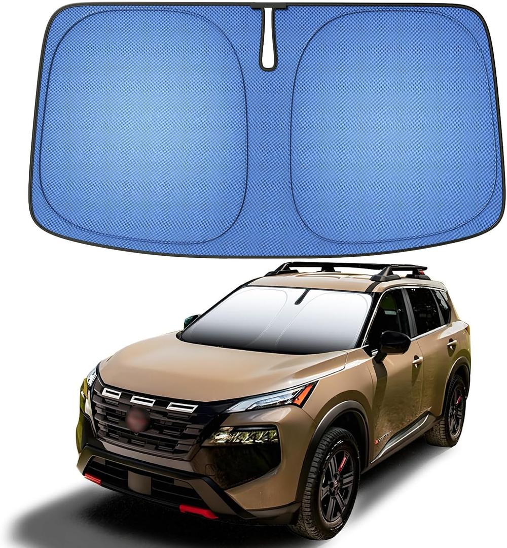 Windshield Sun Shade for Fit Nissan Rogue 3rd Gen.2021-2025 Foldable Sunshade with Titanium Silver & Ice Blue Layer, UPF50+ Car Window Shade
