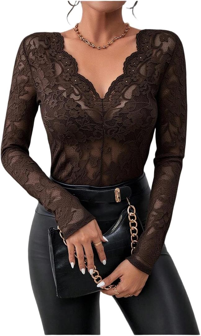 WDIRARA Women's Floral Embroidery Mesh Lace Top V Neck Sheer Long Sleeve Blouse (Medium, Coffee Brown)