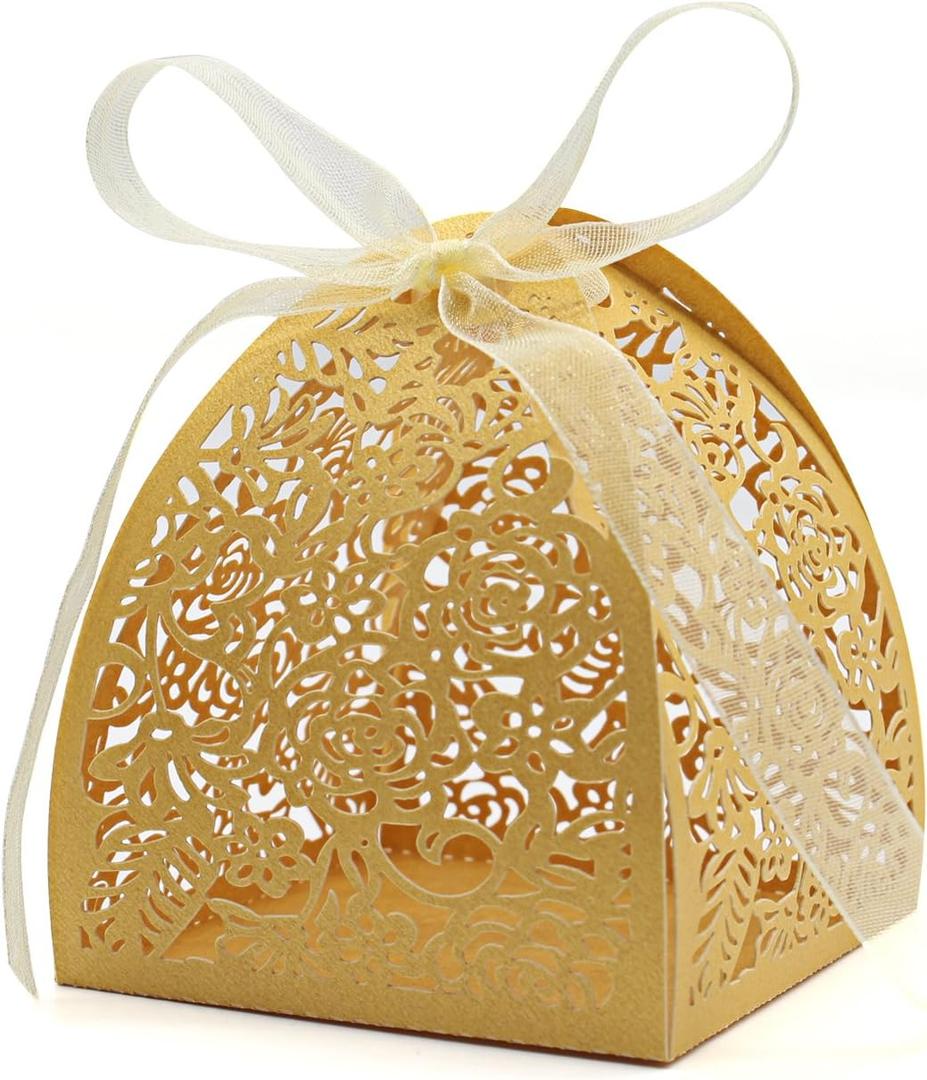 KPOSIYA Pack of 100 Laser Cut Rose Candy Boxes, Favor Boxes 2.5"x 2.5"x 3.1", Gift Boxes for Bridal Shower Anniverary Birthday Party Wedding Favor (100,Yellow), 100pcs