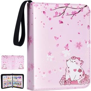 Card Binder for Girls Gifts,440 Cards Collectible Trading Card Holder Case with 55 Sleeves, 4 Pocket for TCG Game Cards Collection Sports Trading Cards Collector Album (Sakura cat)