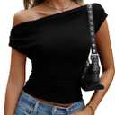 Women's Off The Shoulder Tops Ribbed Knit Ruched Asymmetrical Top Going Out Slim Fit Party Shirts (Large, Black)