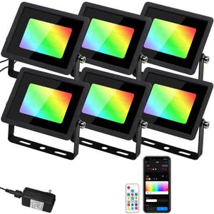 LED Flood Lights Outdoor, Smart RGB Color Changing Landscape Lights with Multi Scene Modes & Music Modes, IP66 Uplighting with APP & Voice Control for Patio Garden Yard Stage, 6 Pack