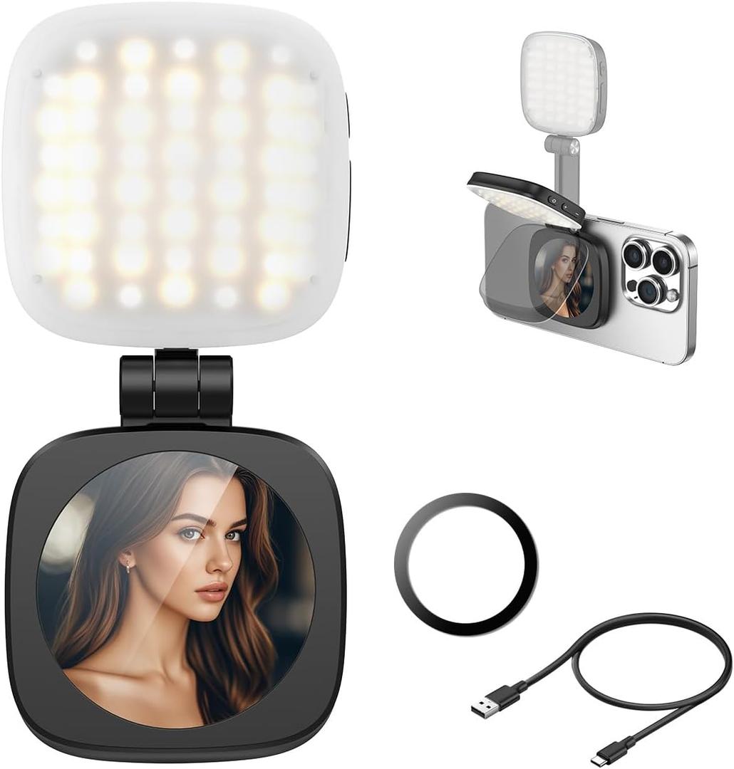 Magnetic Selfie Light for iPhone, 5 Color Extendable Phone Light with Mirror,360 Folding LED Fill Light for TikTok/Photo/Video/Makeup, Compatible with iPhone16/15/14/13/12 Series