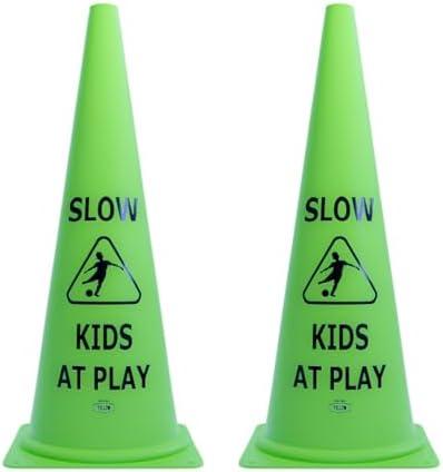 Vibrant Green 'Kids at Play' Safety Cone - 2ct, 19in Tall Durable & Fun Child Safety Solution for Driveways, Streets, Schools, and Parks