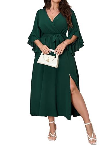 Womens Plus Size Dress Wedding Guest Cocktail Ruffle Half Sleeve Wrap V Neck Slit A Line Maxi Dresses with Belt Emerald Green, Size XL