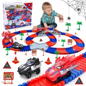 Spider Hero Monster Truck Toys for 3 4 5 6 7 8 9 Year Old Boys Girls: Race Track Set with 2 Spider Cars Electric Vehicle Kids Toys Gift for Boys Girls Age 3-9 Years Birthday Presents 212PCS