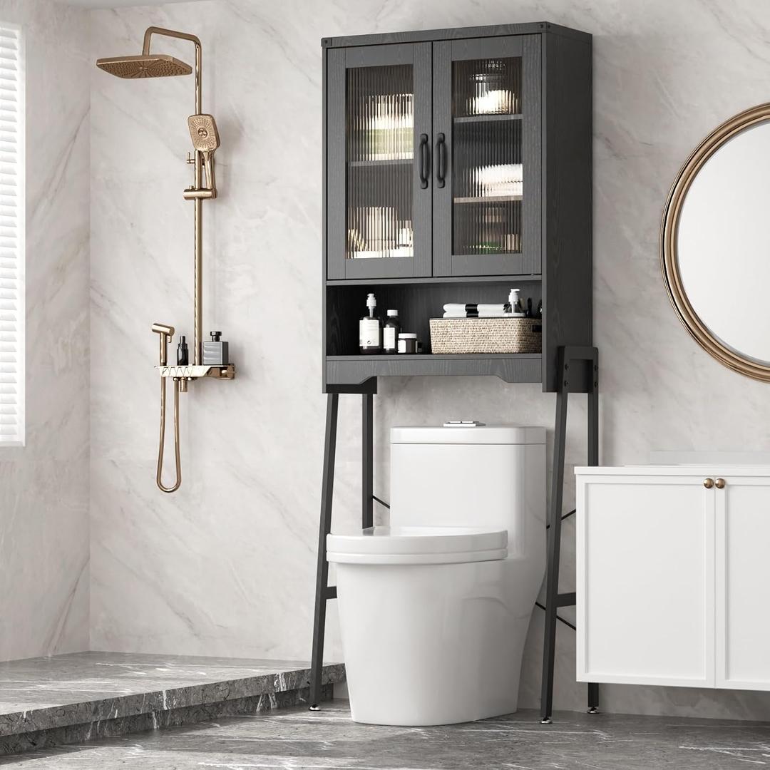 Over The Toilet Storage Cabinet with Tempered Glass Doors & Adjustable Shelf, Bathroom Organizer with Metal Stand Space Saver Over Toilet , Tall Freestanding Shelf/Rack for Bathroom, Black, 23.6 inches x 66.5 inches x 9.4 inches